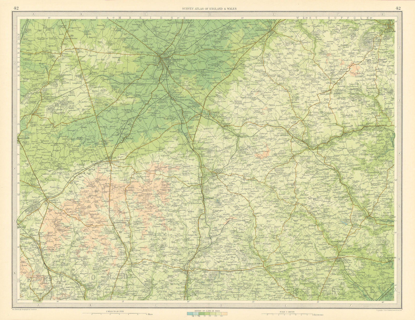EAST ANGLIA Cambridge Bury St Edmunds Braintree Saffron Walden. LARGE 1939 map
